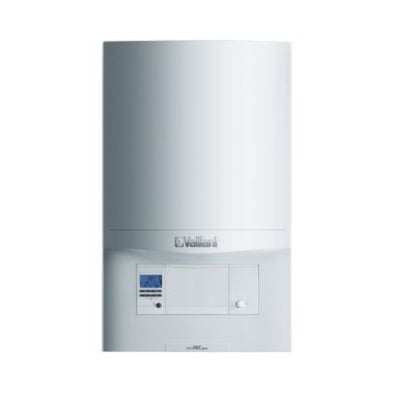 Frontbillede af den hvide Vaillant Ecotec Pro VC DK 236/5-3 H gaskedel på en hvid baggrund, fremhæver dens kompakte design og digitale display.