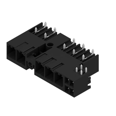 Weidmüller hybridkonnektor til printkort med fem poler og 7,62 mm afstand, set skråt ovenfra med kontaktstifter synlige.