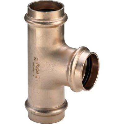 Viega Seapress T-stykke på 54 mm i messingfarvet CuNi10Fe1,6Mn legering med indvendig sort pakning.