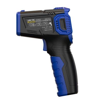 Arctic Hayes AH650 infrarødt termometer med blå og sorte detaljer, viser laserpegepind og LCD-skærm til temperaturmåling op til 380°C.