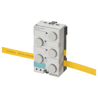 Siemens Simatic NET repeater til AS-i med en gul AS-i kabel, 6GK1210-0GA01. Produktet er lavet af hvid plast og har flere runde knapper.