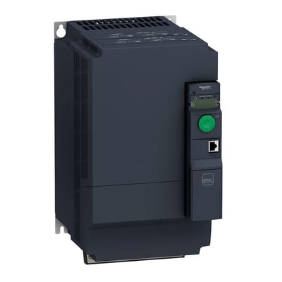 Detaljeret billede af Schneider Electric Altivar 320 frekvensomformer 15kW, der viser monteringshuller og det funktionelle frontpanel med indikatorer.