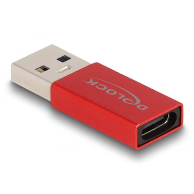 Delock USB adapter med USB Type-A han og USB Type-C hun i skinnende rød farve med Delock logo tydeligt synligt.