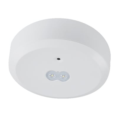Hvidt Orbit LED AT paniklysarmatur med automatisk testfunktion og to LED-lyskilder ses på hvid baggrund.