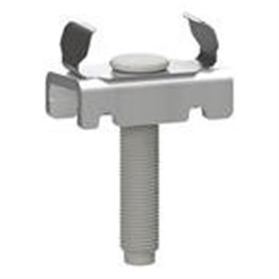 Lauritz Knudsen T-Bolt 26U M10 x 40mm FZV. Detaljeret billede af varmgalvaniseret stålbolt monteret med skinneklemme.
