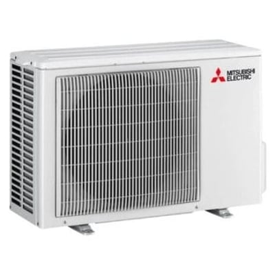 Mitsubishi varmepumpe udedel model MUZ-AY25VG i hvid med synligt kølergitter og Mitsubishi Electric logo monteret på beslag.