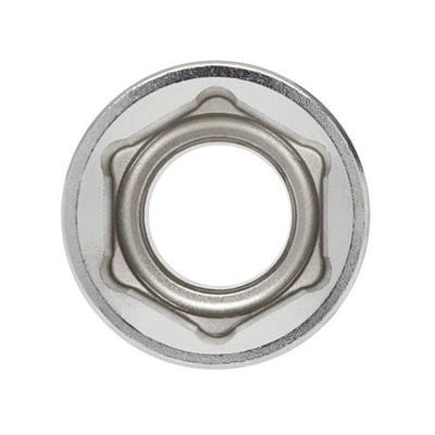 En sekskanttop fra Ironside topnøglesæt med 1/2" firkant ses lige forfra med åbningen tydeligt.