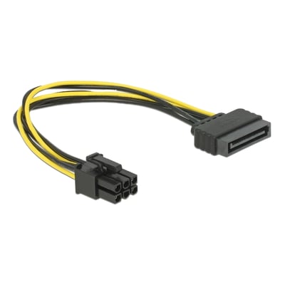 DeLock strømkabel med SATA 15-pin han og 6-pin PCI Express hun-stik, 20 cm langt, sort og gult kabel.