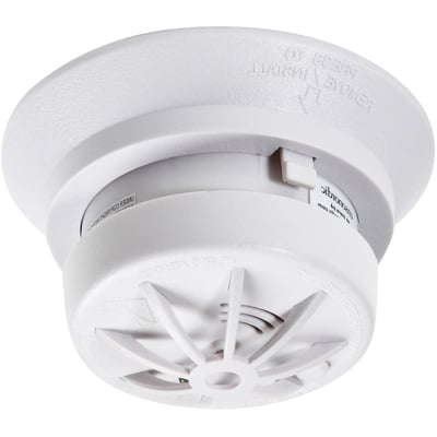 Hvid Ensonordic mini varmealarm med 9V batteri, klar til brug, velegnet til køkken og garage.