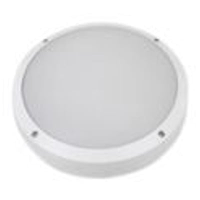 Rund, hvid ACIS Totallys 6-18W-lampe med flad, lysende midte og bred kant set forfra.