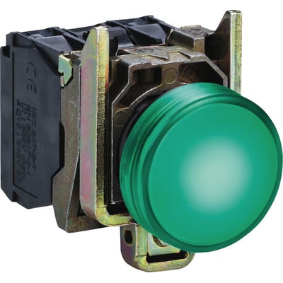 Schneider Electric Harmony XB4 grøn LED signallampe med 230V spænding, vist med en grøn linse og metalmontering.