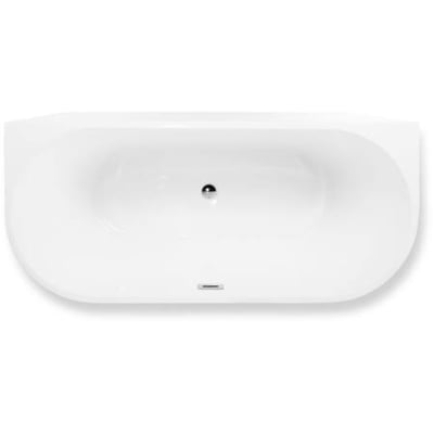 Oversigtsbillede af et hvidt akryl badekar i 'Back To Wall' design, 1700 mm langt, med synlig krom pop-up bundventil og overløb.