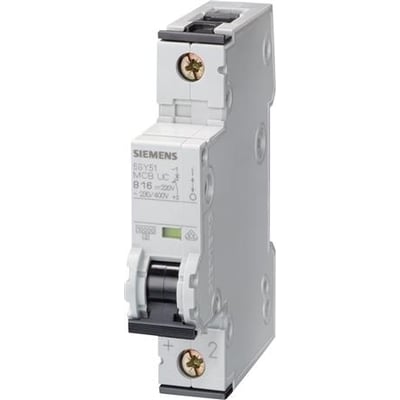 Siemens SENTRON 5SY automatsikring, 1-polet og 1,6 A, set skråt forfra med sort vippekontakt og synlige tilslutninger.