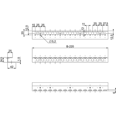 Teknisk tegning af Schneider Electric horisontal 1000mm montageskinne med detaljerede mål og borehuller.
