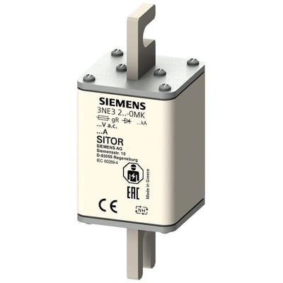 Siemens SITOR NH1 sikringsstørrelse 40A med gR klingekontakt og frontindikator vist fra siden, med mærkespecifikationer.