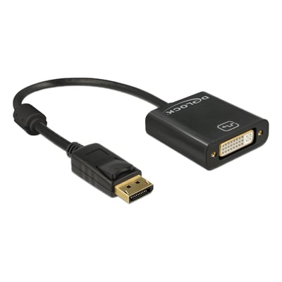 Sort DeLock DisplayPort 1.2-adapter til DVI, passiv og 4K-kompatibel, med kort kabel og synlige stik.