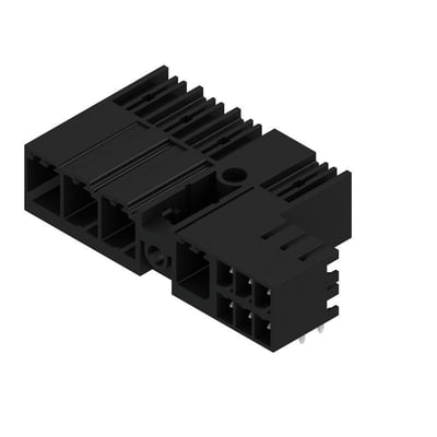 Sort Weidmüller-hybridstik til printmontering med fire poler og 7,62 mm afstand, set skråt fra oven.
