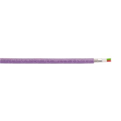 Violet Profibus L2 kabel med UL/CSA godkendelse, viser den ydre kappe med trykdetaljer og afskåret ende med grøn og rød leder.