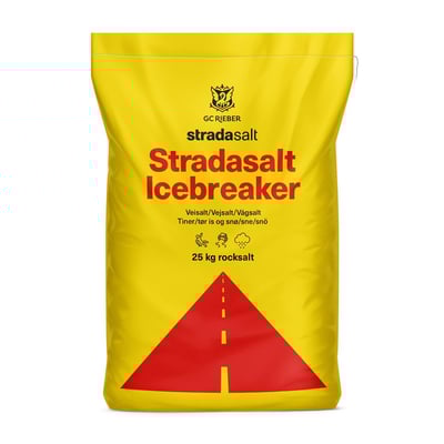 Gul sæk med Strada Salt Icebreaker vejsalt, grov og tør, 25 kg rocksalt, med et rødt vejmotiv på forsiden.