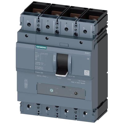 Siemens 3VA1 maksimalafbryder, 4-polet, grå plast, med tydelig markering af terminaler og betjeningshåndtag.