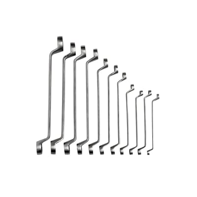 Bahco dobbelt ringnøglesæt med 11 dele i rustfast stål, præsenteret på en hvid baggrund med klare synlige millimeter-mål.