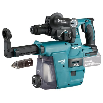 Makita 18V bore-/mejselhammer DHR243ZJW med monteret 5.0Ah batteri, selvspændende borepatron og støvsamler.