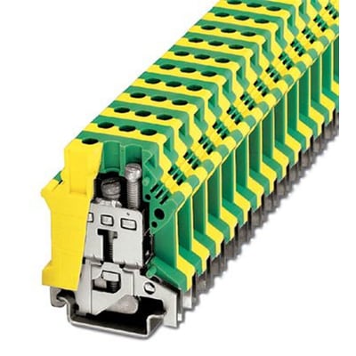 Nærbillede af Phoenix Contact USLKG 16 N jordklemme, viser detaljer på skruetilslutning og 16mm² kapacitet.