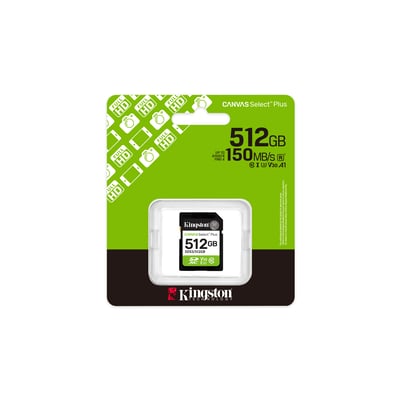 Kingston Canvas Select Plus G3 SDXC-hukommelseskort på 512 GB i grøn og sort emballage.
