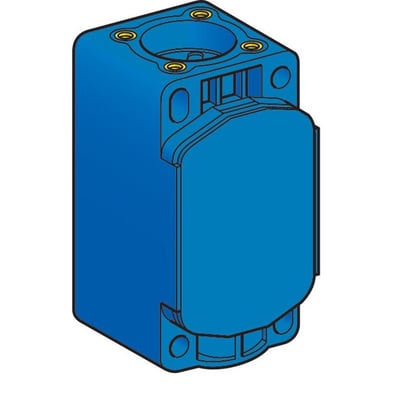 Illustration af Schneider Electric endestopkrop i blå plast med M-gevind udgang. Viser monteringshullerne på toppen.