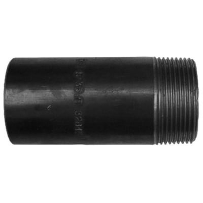 Indura svejsenippel, 3/4" x 100 mm, vist horisontalt med fokus på det udvendige gevind og den sorte ståloverflade.