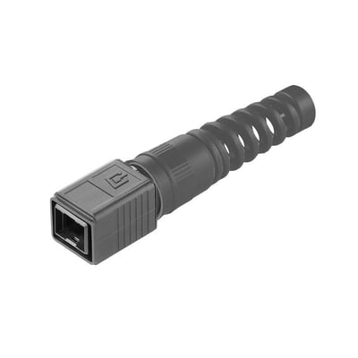 Weidmüllers tomme IP67-kabinet til Industrial Ethernet-stik ses skråt forfra med åbning og riflet kabelaflastning.