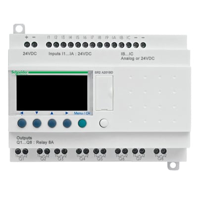 Schneider Electric Zelio 12I/8U intelligent relæ med 12 digitale input og 8 relæ output. Enheden har et sort LCD-display, navigationsknapper og skrueterminaler til tilslutning.