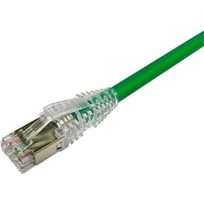 CommScope patchkabel KAT6A S/FTP LSZH i grøn, 0,75 meter, med transparent RJ45-stik og forstærket gennemsigtig kappe.