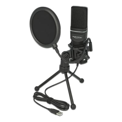 DeLock USB kondensatormikrofon med tripod, popfilter og kabel på hvid baggrund, klar til brug.