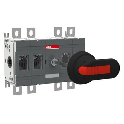 ABB 4-polet lastafbryder, 250A, med drejegreb og rød/sort betjeningshåndtag, klar til montering.