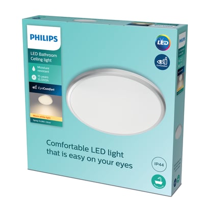 Philips Spray loftlampe i sølvfarvet papkasse med oplyst indhold, 12W LED, 2700K og IP44 klassificering.