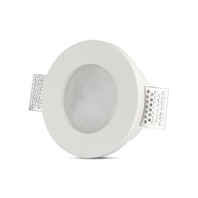 V-TAC GU10 gipsvægslampe med hvid rund ramme, matteret glas og metalmonteringsclips på isoleret baggrund.