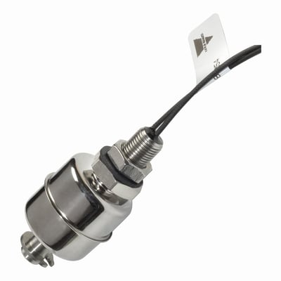 Carlo Gavazzi niveaumagnetaftaster i blankt metal med gevindtilslutning, møtrikker og sort kabel.