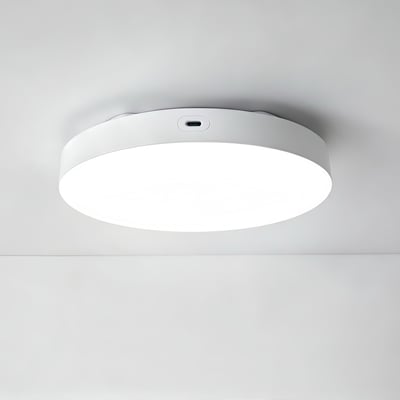Hvid, rund, genopladelig LED-loftslampe med mikrobølgesensor, 6 W og CCT, monteret i loftet.