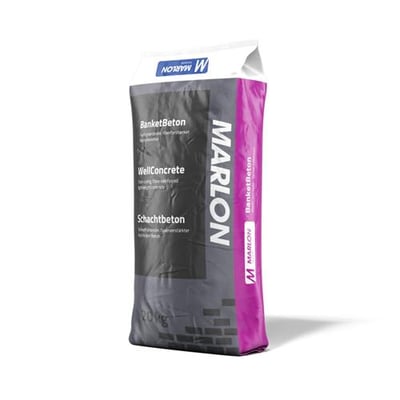 Marlon Banket beton special, 20 kg, i en grå sæk med lilla sidefelt, vist skråt forfra.