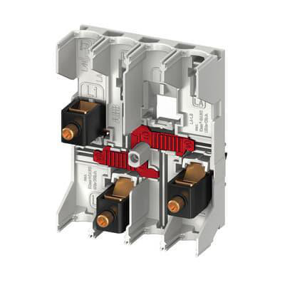 ABB Smissline ZLS924-3L-R enhed med tre sorte terminalblokke og en rød mekanisme, monteret på en hvid ramme.