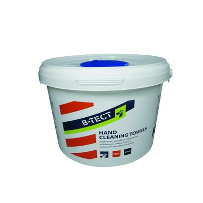 B-Tect håndrenseservietter i en hvid spand med blå låg, indeholdende 150 stk. til fedt- og snavsfjernelse.