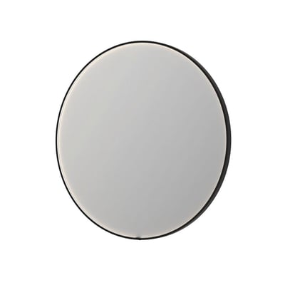 Sanibell INK SP24 LED spejl, rundt Ø100 cm med sort aluramme og integreret, dæmpbar frontbelysning på hvid baggrund.