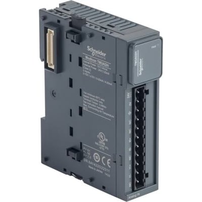 Schneider Electric TM3 modul med 2 analoge indgange til ±10V/0-20mA/4-20mA, 16 bits og 24 VDC forsyning, vist fra siden med stik og mærkater.