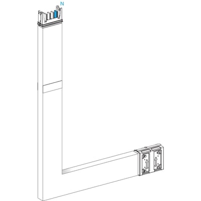 Schneider Electric Canalis vinkel 400A op med fastgørelsesbeslag, viser vinklen i en L-form og den blå 'N' markering.