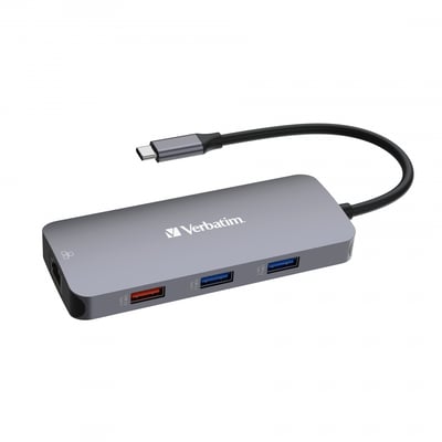 Verbatim USB-C Pro Multiport Hub CMH-09 med fokus på USB 3.2 Gen 2 porte og integreret USB-C kabel.