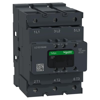 Schneider Electric 3-polet TeSys Deca Advanced kontaktor, model LC1D150A6, med 100-250V AC/DC spole og 1NO+1NC hjælpekontakter.