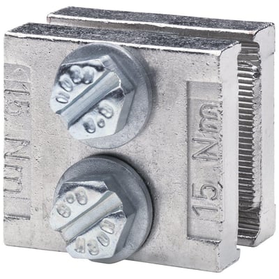 Siemens samleskinnestik 8US1 med to sekskantbolte og mærket 15 Nm, designet til 20-30mm skinner.
