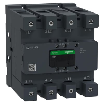Schneider Electric TeSys Deca Advanced 4-polet kontaktor, model LC1DT200A, med 100-250V AC/DC spole og EverLink-tilslutning.