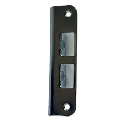 Assa Abloy slutblik 802320 med to åbninger og to skruehuller, vist stående med den smalle kant synlig.